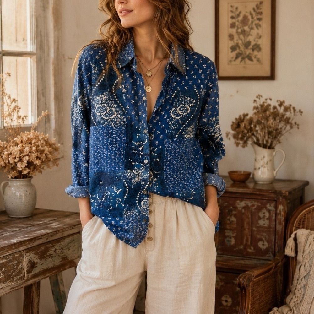 Chaps Denim Womens Medium Blue Patchwork Floral Paisley Button Up Shirt Cotton